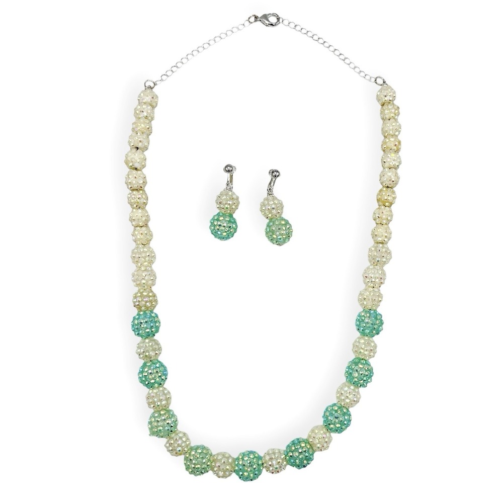 Vintage Czech Green Aurora Borealis Crystal Necklace Disco Ball Clip Earrings